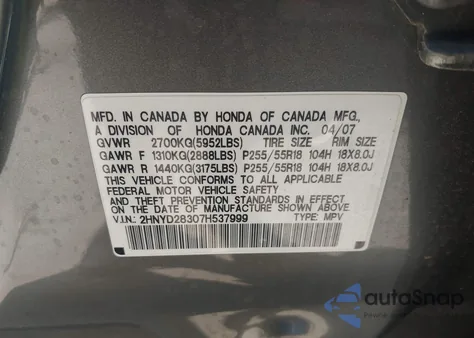 2007 Acura Mdx Technology Package z USA, uszkodzony, nr VIN 2HNYD28307H537999